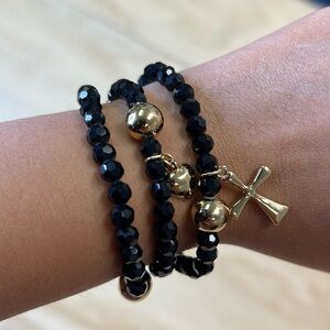 Set of 3 Black Spinel Bracelets with 18K Gold Plated Charms